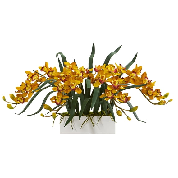 Nearly Natural 15in. Cymbidium Artificial Flowers in White Vase, Yellow
