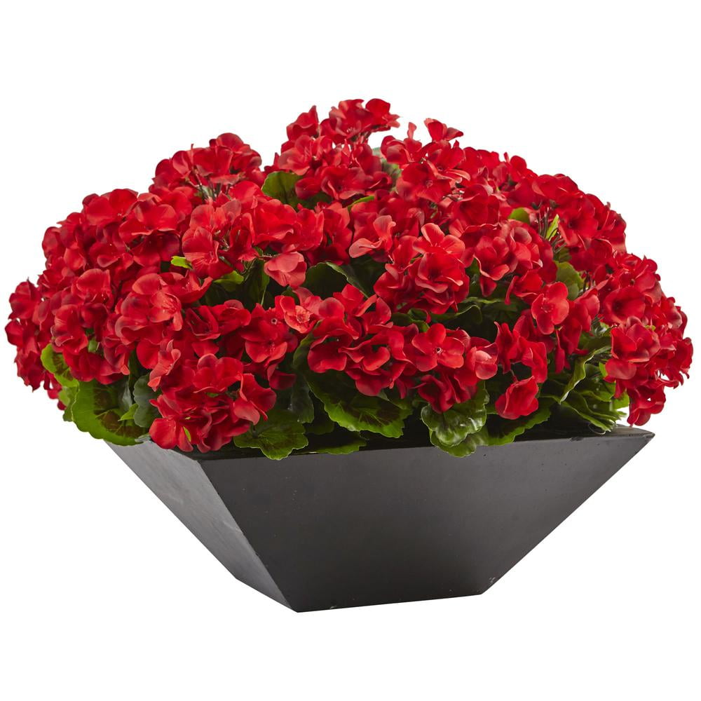 Lush Summer Geranium 16" UV-Resistant Potted Plant with Matte Black Planter