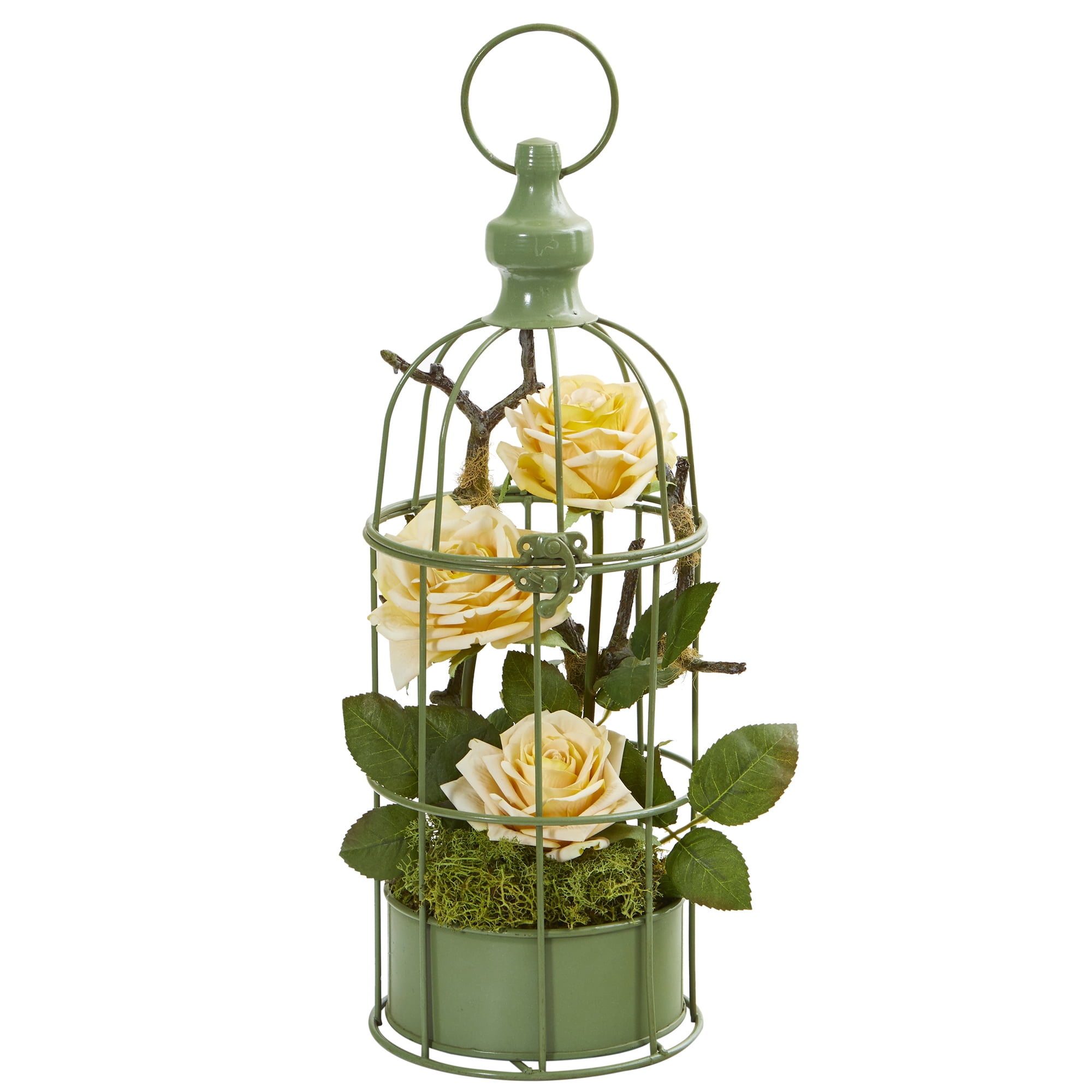 Nearly Natural 15in. Triple Rose Artificial Arrangement in Decorative Cage, Light Yellow