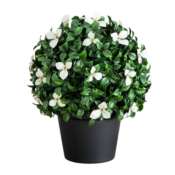 Nearly Natural 15in. UV Resistant Artificial Boxwood and Gardenia Topiary Plant (Indoor/Outdoor)