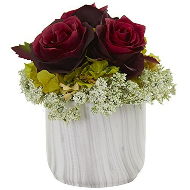Nearly Natural 1629-BU Rose and Hydrangea Artificial Arrangement in Marble Finished Vase