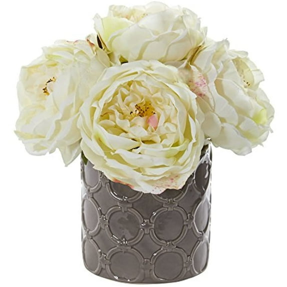 Nearly Natural 1637-WH Large Rose Artificial Arrangement in Gray Vase