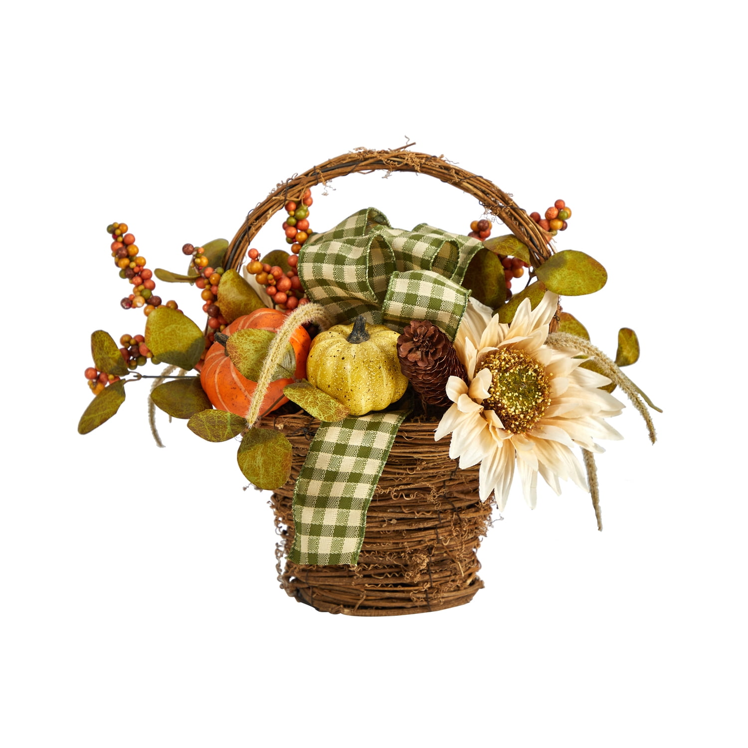 Rustic Fall Sunflower and Pumpkin Arrangement in Wicker Basket