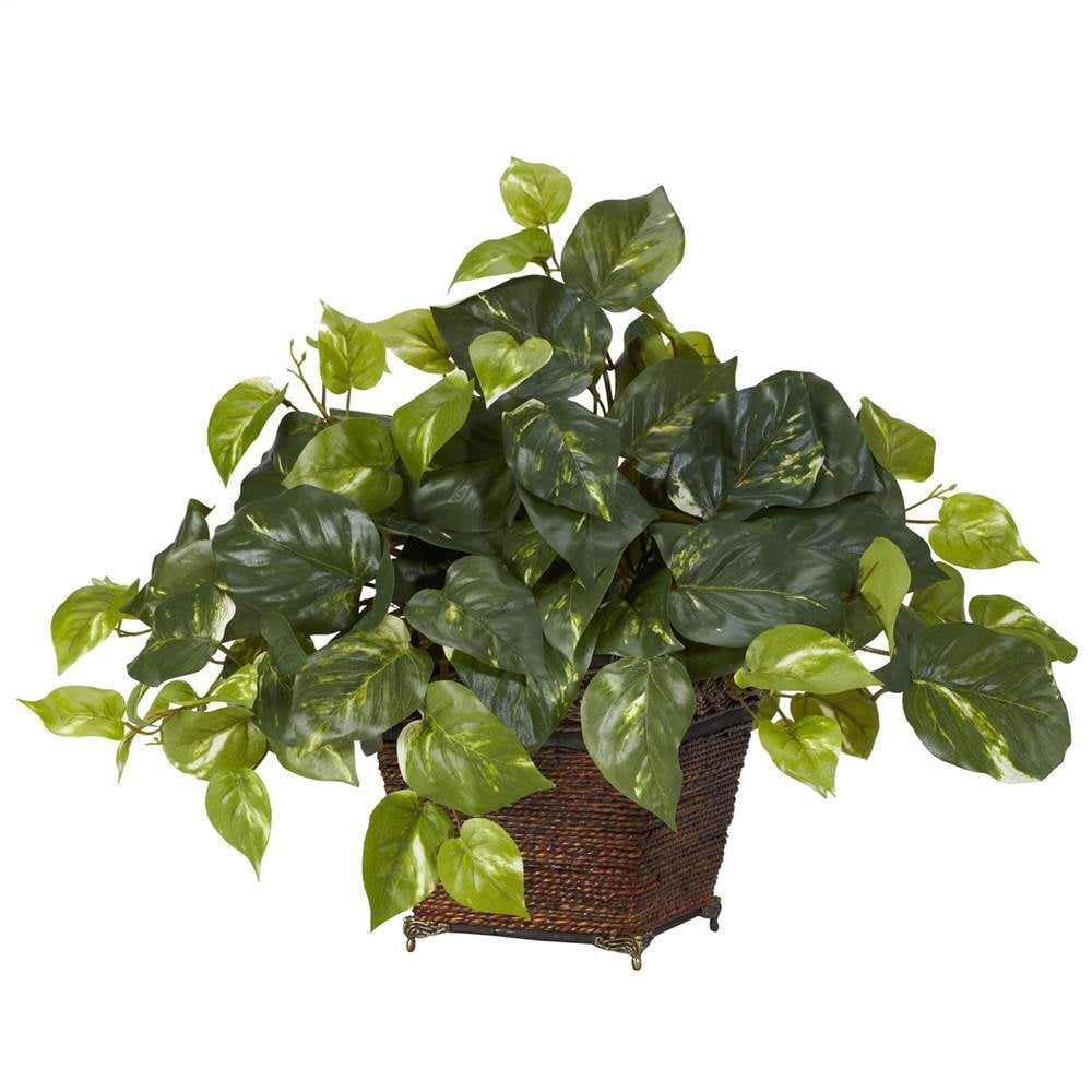 17" Green Pothos Silk Plant with Coiled Rope Planter