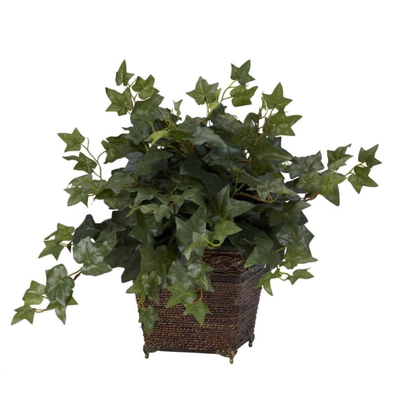 Nearly Natural 17" Puff Ivy with Coiled Rope Planter Polyester Artificial Plant, Green