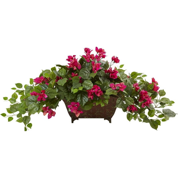 Nearly Natural 17" Red Bougainvillea Artificial Plant in Metal Brown Planter