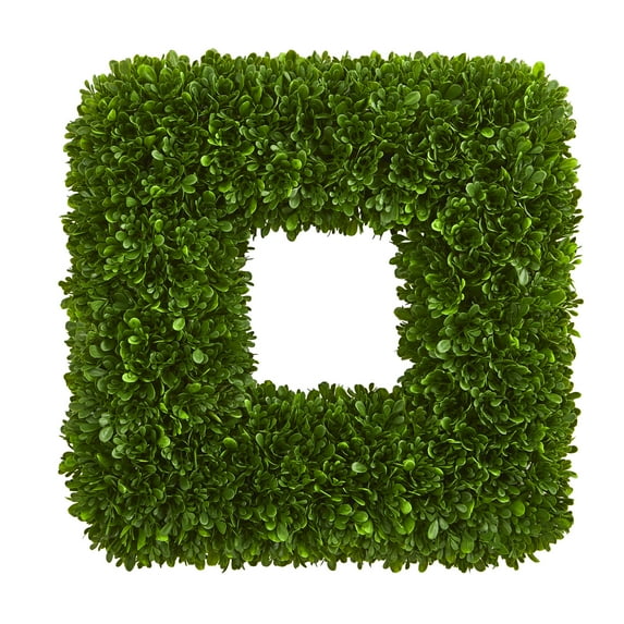 Nearly Natural 17" Tea Leaf Square Wreath UV Resistant Plastic Wreath, (Green)