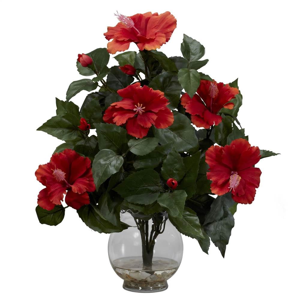 Vibrant Red Hibiscus Silk Flower Arrangement in Fluted Vase