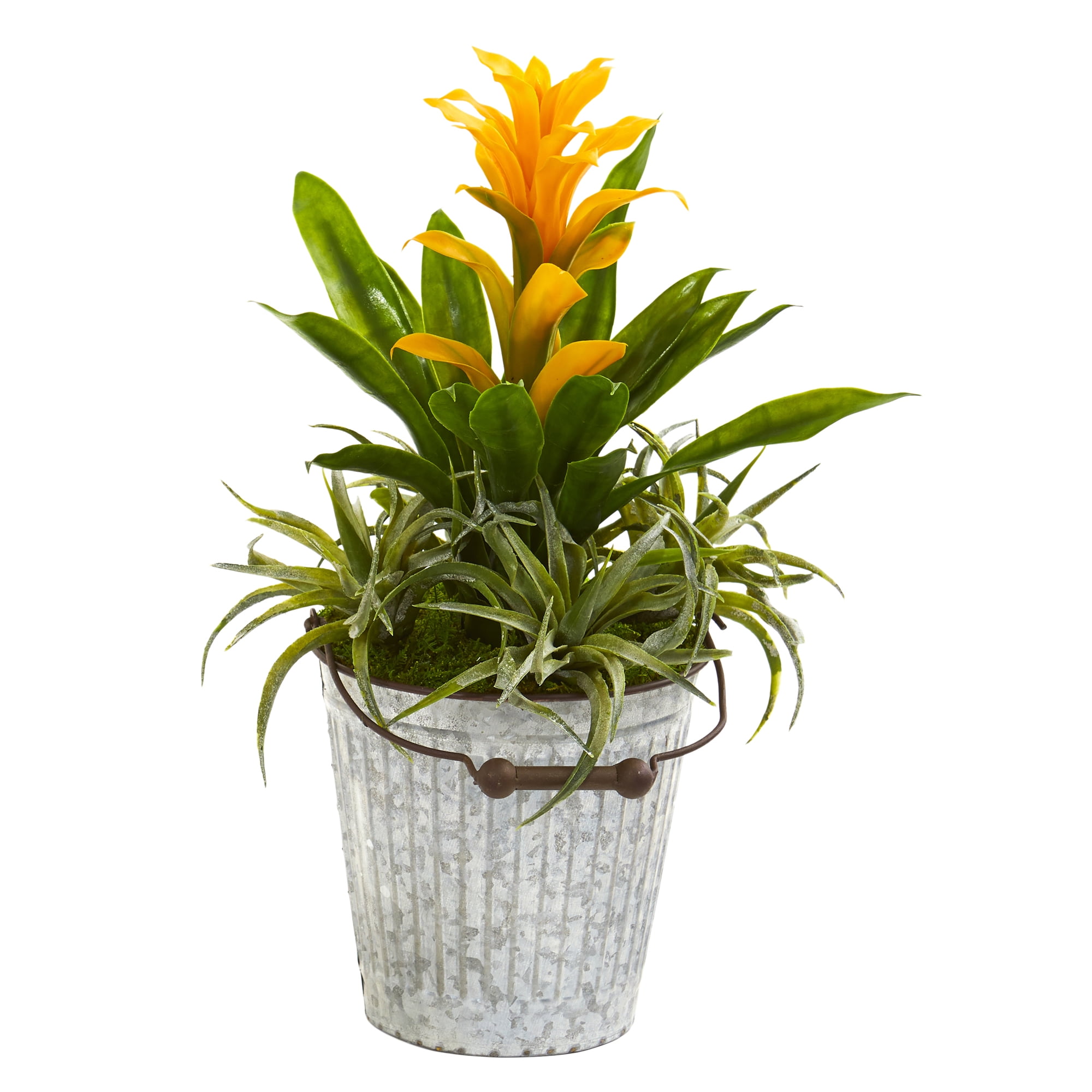 Nearly Natural 18" Bromeliad and Succulent Artificial Plant in Metal Bucket, Yellow