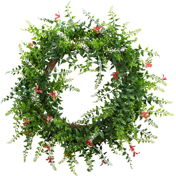 Nearly Natural 18" Floral & Fern Double Ring with Twig Base Floral Plastic Artificial Wreath (Assorted Colors)