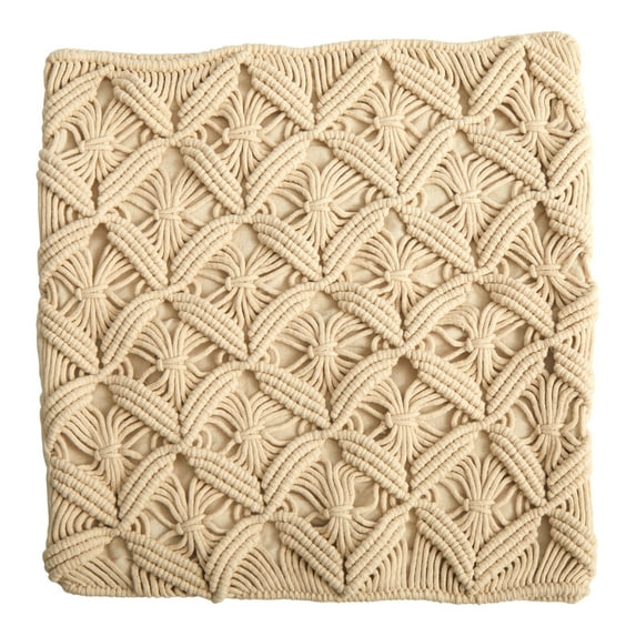 Nearly Natural 18" Square Beige Solid Print Macrame Decorative Pillow Cover