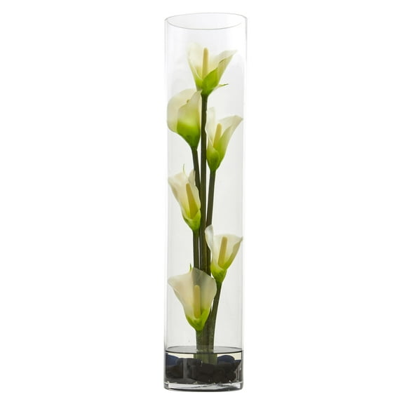 Nearly Natural 18 in. Mini Calla Lily Artificial Arrangement in Cylinder Glass Vase