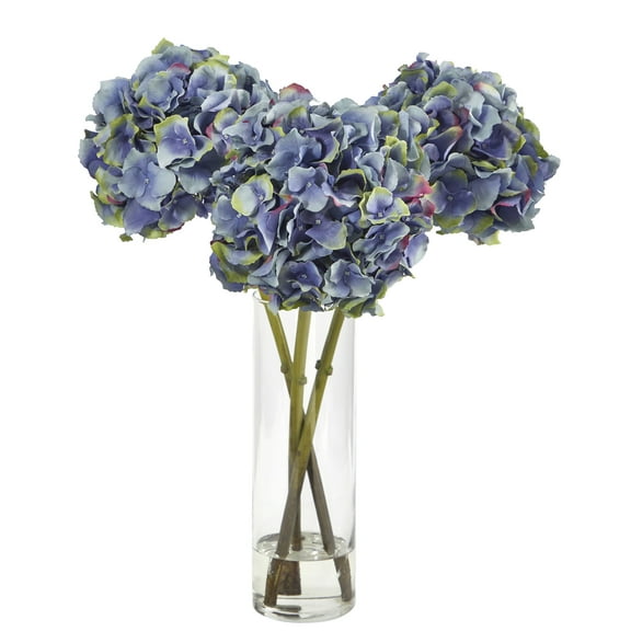 Nearly Natural 18" Hydrangea Artificial Arrangement in Glass Vase in Blue