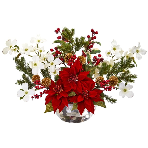 Nearly Natural 18in. Poinsettia, Dogwood, Berry and Pine Artificial Arrangement in Silver Vase, Red/White