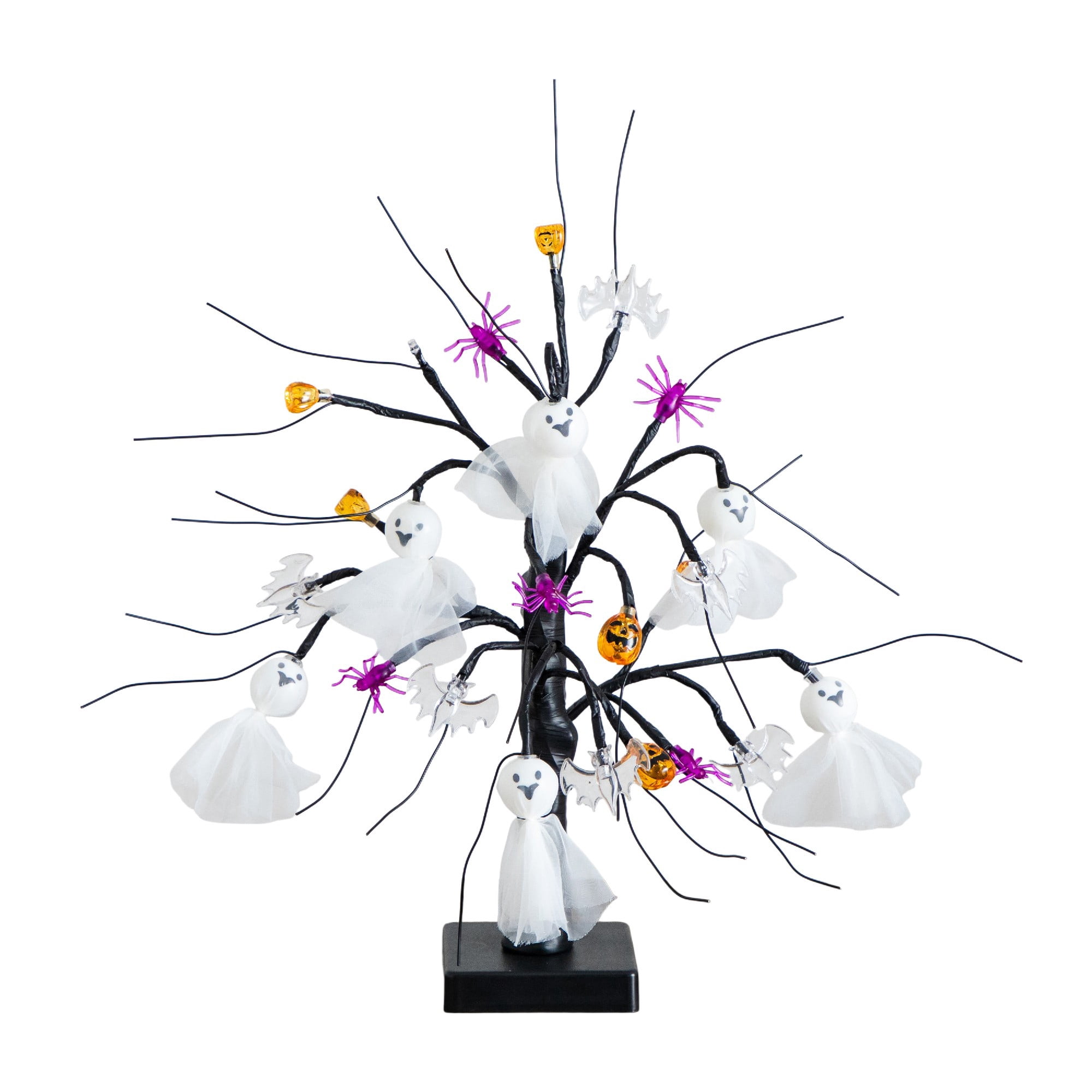 Nearly Natural 18in. Pre-Lit Artificial Halloween Ghost Dolls, Spiders, Bats & Pumpkins 24 LED Lighted Ornament Tree