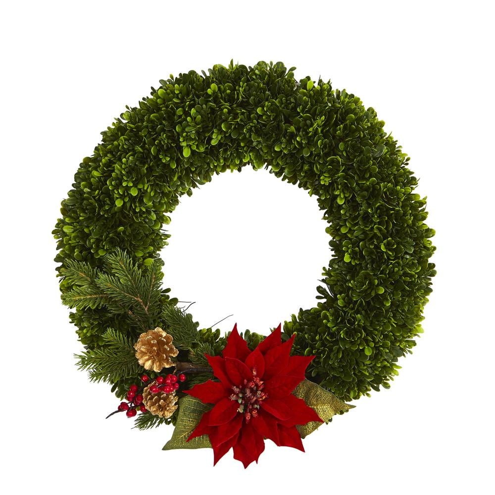 Nearly Natural 18in. Tea Leaf, Poinsettia and Pine Artificial Wreath