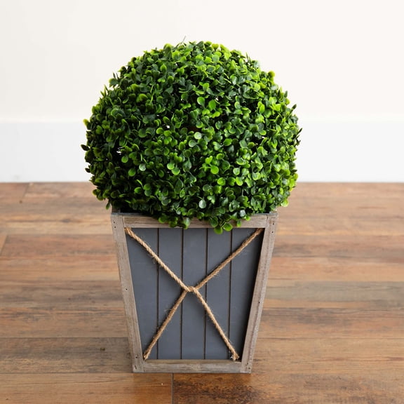 Nearly Natural Pre-Lit Boxwood Ball Topiary Outdoor Artificial Plant in Planter - 18"