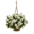 thumbnail image 1 of Nearly Natural 19" Plastic White Geranium Hanging Basket Artificial Plant UV Resistant, 1 of 4