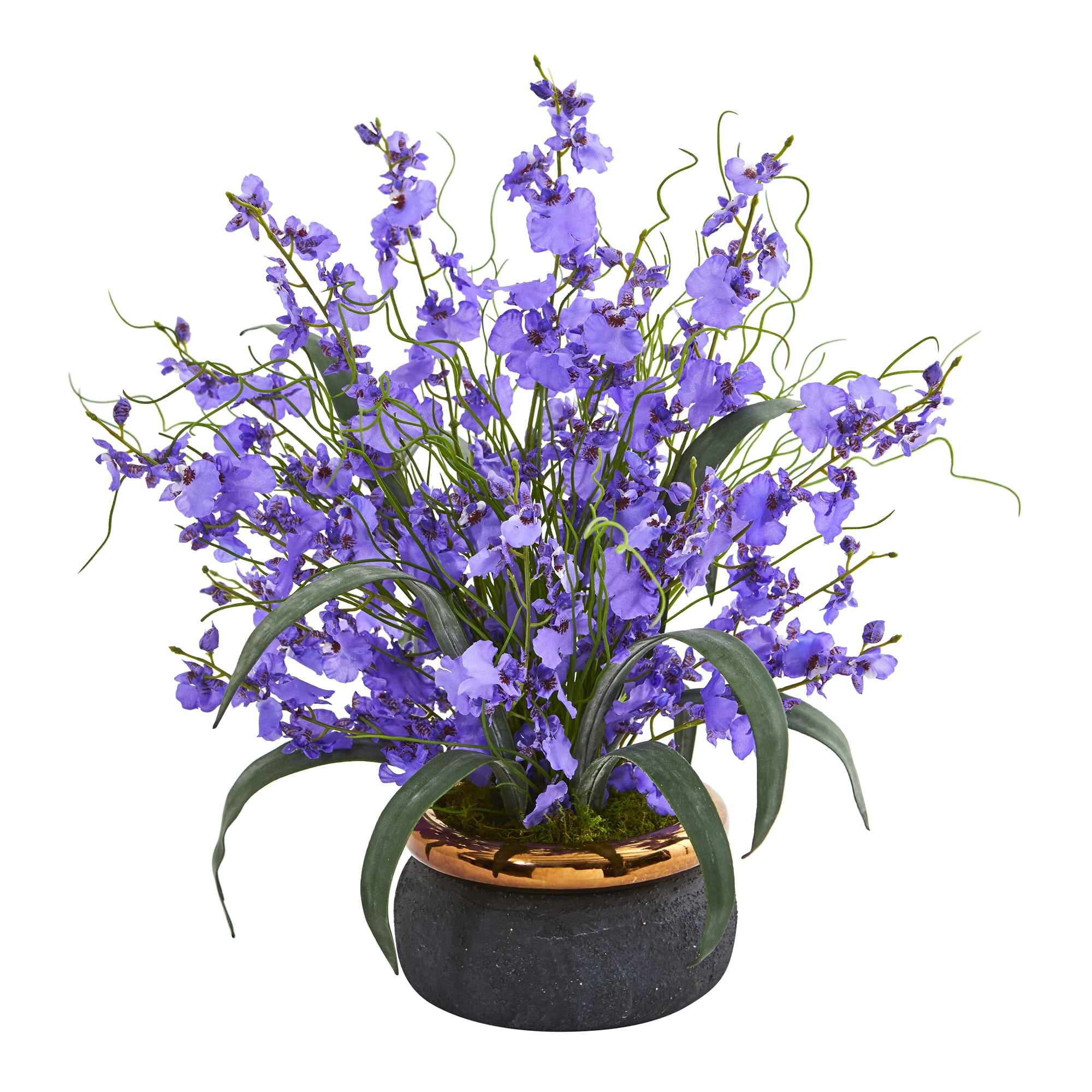 Elegant Dancing Lady Purple Silk Flower Arrangement in Cross Weave Brown Vase