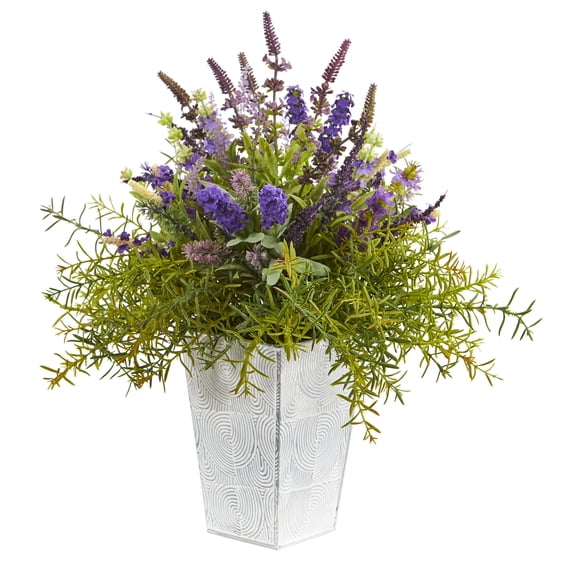 Nearly Natural 19in. Lavender and Rosemary Artificial Arrangement in Embossed White Planter