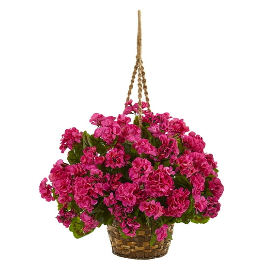 Nearly Natural 19in. Plastic and Polyester UV Resistant Geranium Hanging Basket Artificial Plant, Pink
