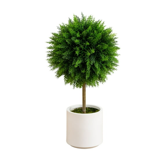 Nearly Natural 2.5ft. UV Resistant Artificial Cedar Ball Topiary Tree in White Decorative Planter (Indoor/Outdoor)