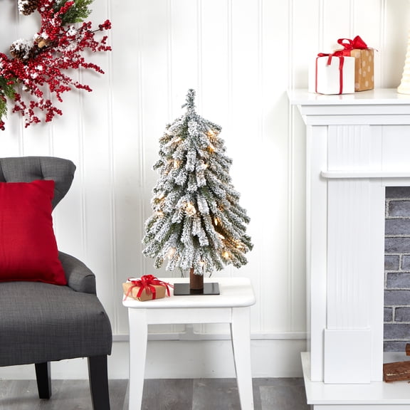 Nearly Natural 2' Green Alpine Flocked Artificial Christmas Tree Prelit 35 Clear Lights