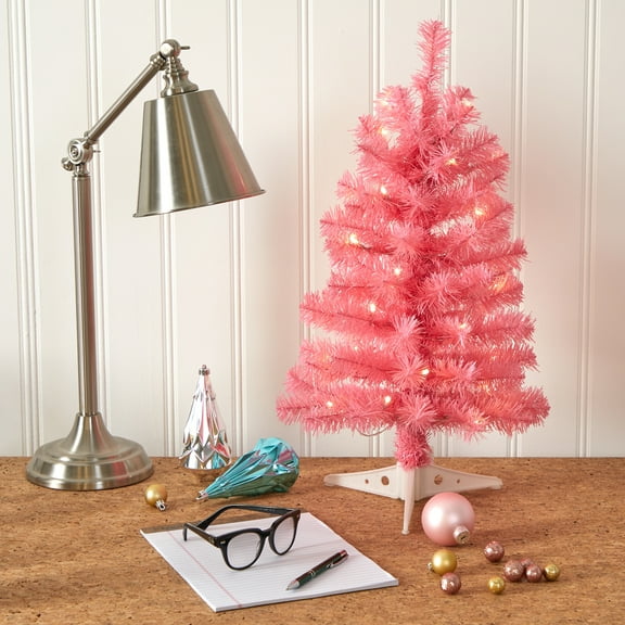 Nearly Natural 2' Pink Artificial Christmas Tree with 35 LED Lights and Bendable Branches