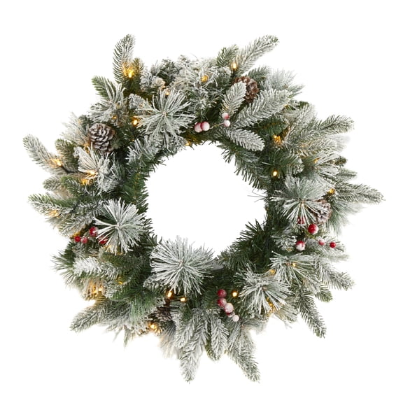 Nearly Natural 20" Flocked Mixed Pine Christmas Wreath with 50 LED Lights
