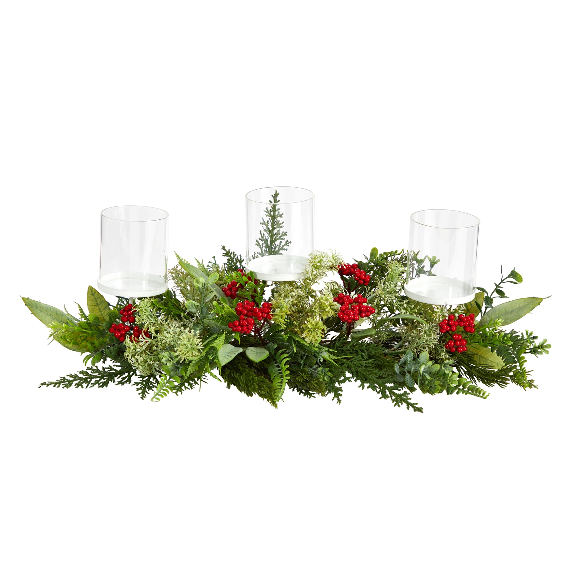 Nearly Natural 20" Holiday Winter Greenery and Berries Triple Candle Holder Artificial Christmas Table Arrangement