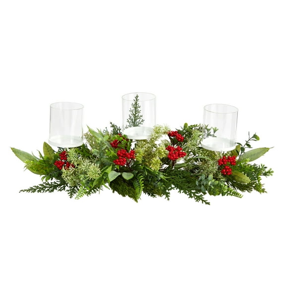 Nearly Natural 20" Holiday Winter Greenery and Berries Triple Candle Holder Artificial Christmas Table Arrangement
