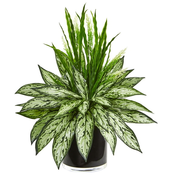 Nearly Natural 20" Silver Queen and Grass Artificial Plant in Black Vase