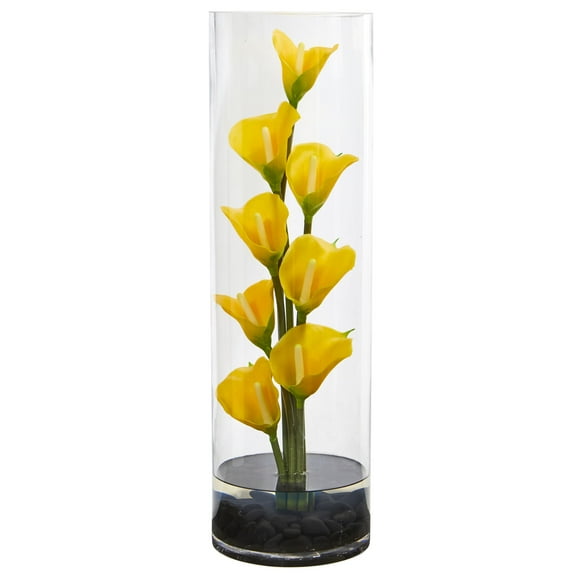 Nearly Natural 20 in. Calla Lily Artificial Arrangement in Cylinder Glass Vase