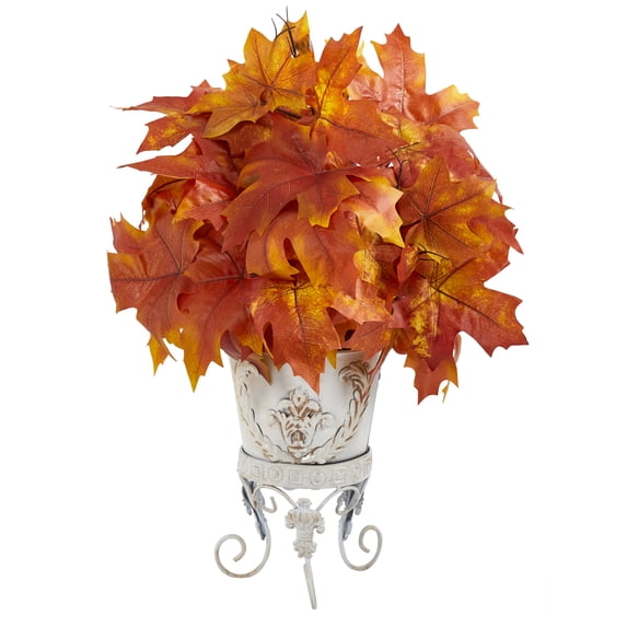 Nearly Natural 20" Autumn Maple Leaf Artificial Plant in Metal Planter in Orange
