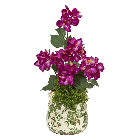 Nearly Natural 20in. Bougainvillea Artificial Arrangement in Floral Vase, Purple