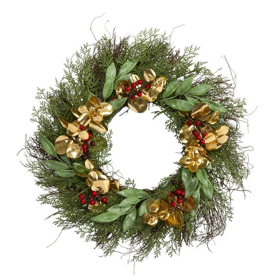 Nearly Natural 20in. Cedar, Ruscus, Berries and Golden Eucalyptus Artificial Wreath