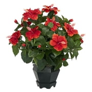 Nearly Natural 20in. Hibiscus Polyester Artificial Plant with Black Hexagon Vase, Orange
