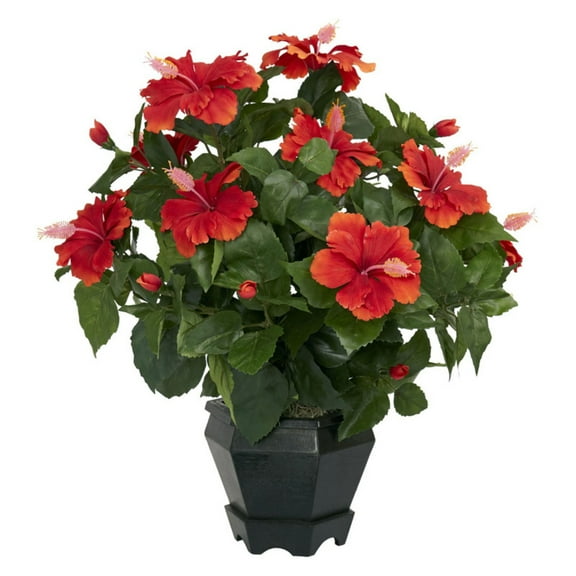 Nearly Natural 20in. Hibiscus Polyester Artificial Plant with Black Hexagon Vase, Orange