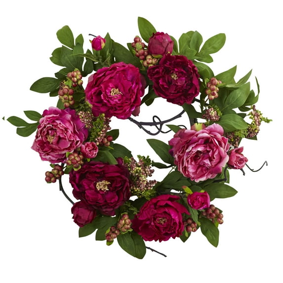 Nearly Natural 20in. Peony & Berry Floral Plastic Wreath (Assorted Colors)