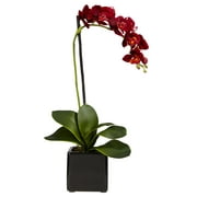 Nearly Natural 20in. Red Orchid Artificial Flower Arrangement in Black Planter