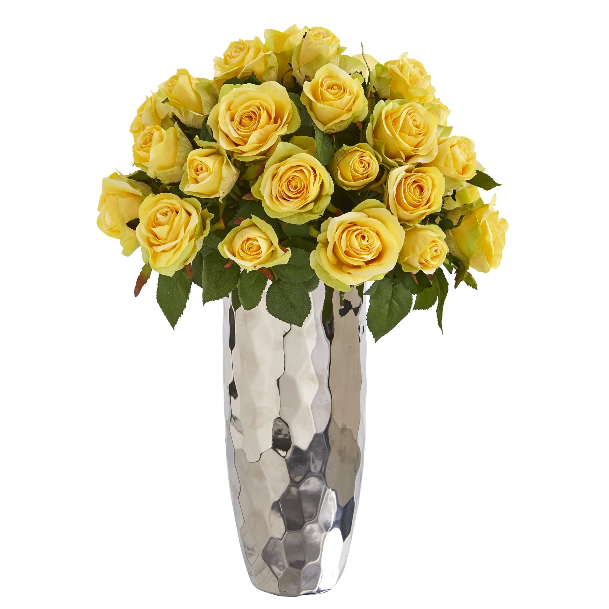 Nearly Natural 20in. Rose Artificial Arrangement in Silver Vase