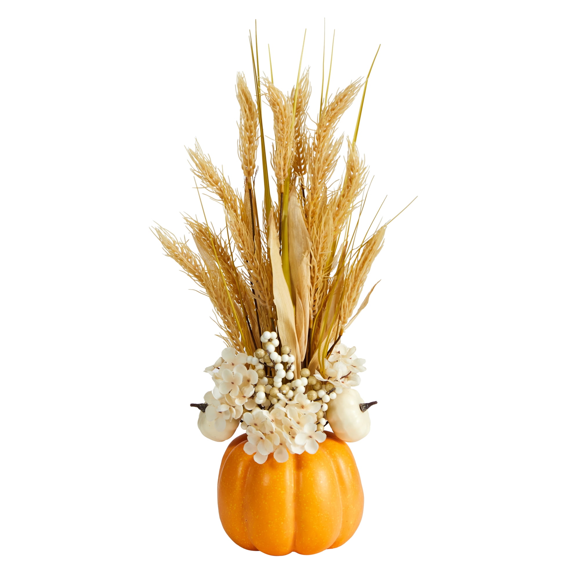 Nearly Natural 21" Autumn Dried Wheat and Pumpkin Artificial Flower Arrangement in Decorative Pumpkin Vase, Orange