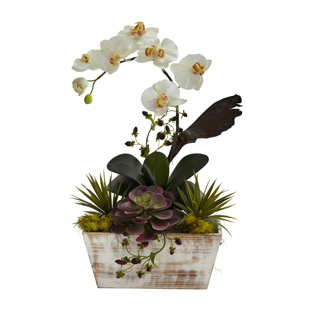 White Orchid and Multicolor Succulent in Whitewash Planter