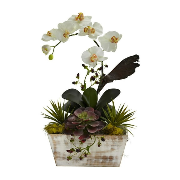 Nearly Natural 21" White Orchid and Succulent Garden Artificial Plant with White Planter