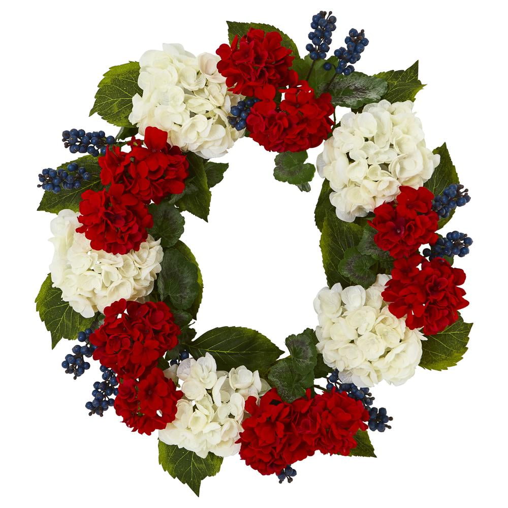 21" Red and White Geranium and Blueberry Artificial Floral Wreath