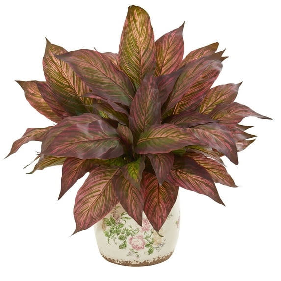 Nearly Natural 21in. Musa Artificial Plant in Floral Print Vase, Burgundy