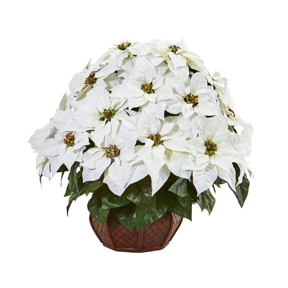 Nearly Natural 22" Poinsettia Artificial Plant in Decorative Planter, White