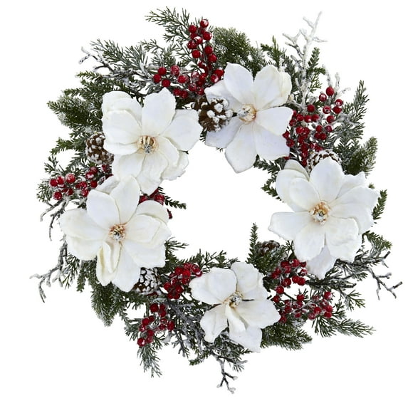 Nearly Natural 22 in. Snowed Magnolia & Berry Wreath