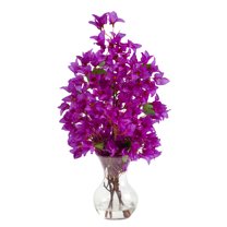 Nearly Natural 22in. Artificial Bougainvillea Arrangement with Fluted Glass Vase, Purple