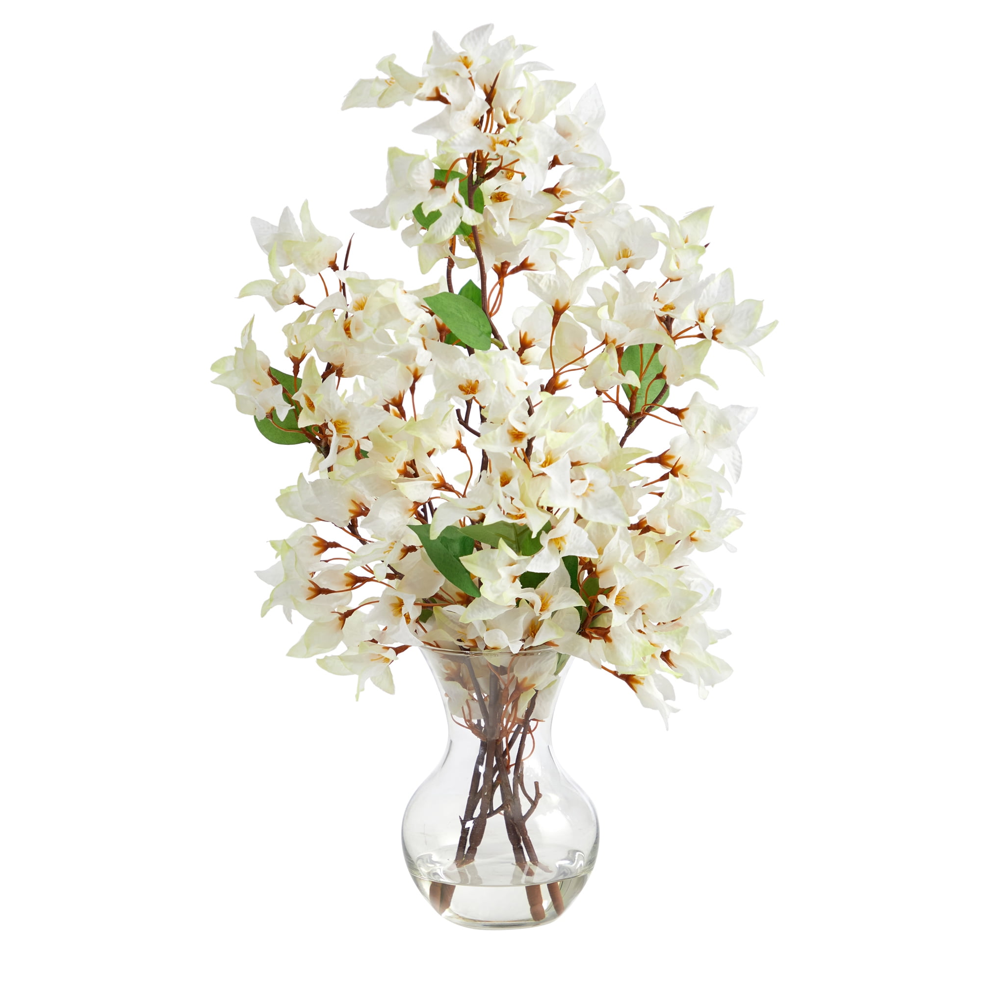 Nearly Natural 22in. Artificial Bougainvillea Arrangement with Fluted Glass Vase, White